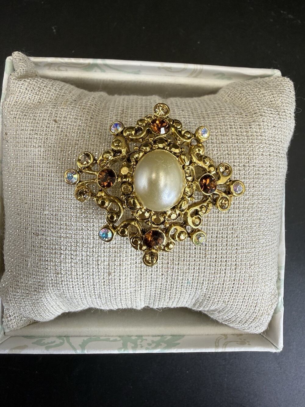 Vintage Oscar de la Renta Ornate Gold Tone Faux Pearl AB Rhinestones Brooch